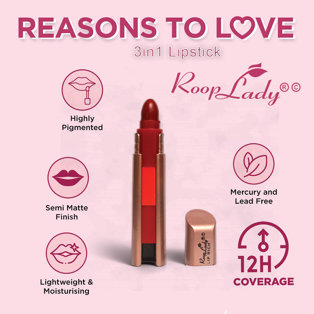 RoopLady 3 in 1 Natural Lip Rich Lipstick mix color (Pack of 12)